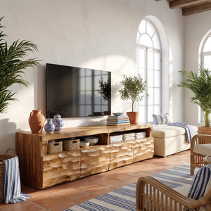 Sculptural Solid Wood TV Cabinet with Hand-Carved Wave Front