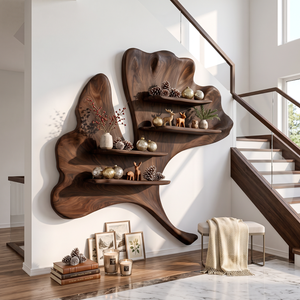 Ginkgo Leaf Solid Wood Wall Shelf with Sculptural Floating Shelves