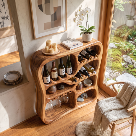 Solid Wood Wine Cabinet with Organic Display Niches and Stemware Rack