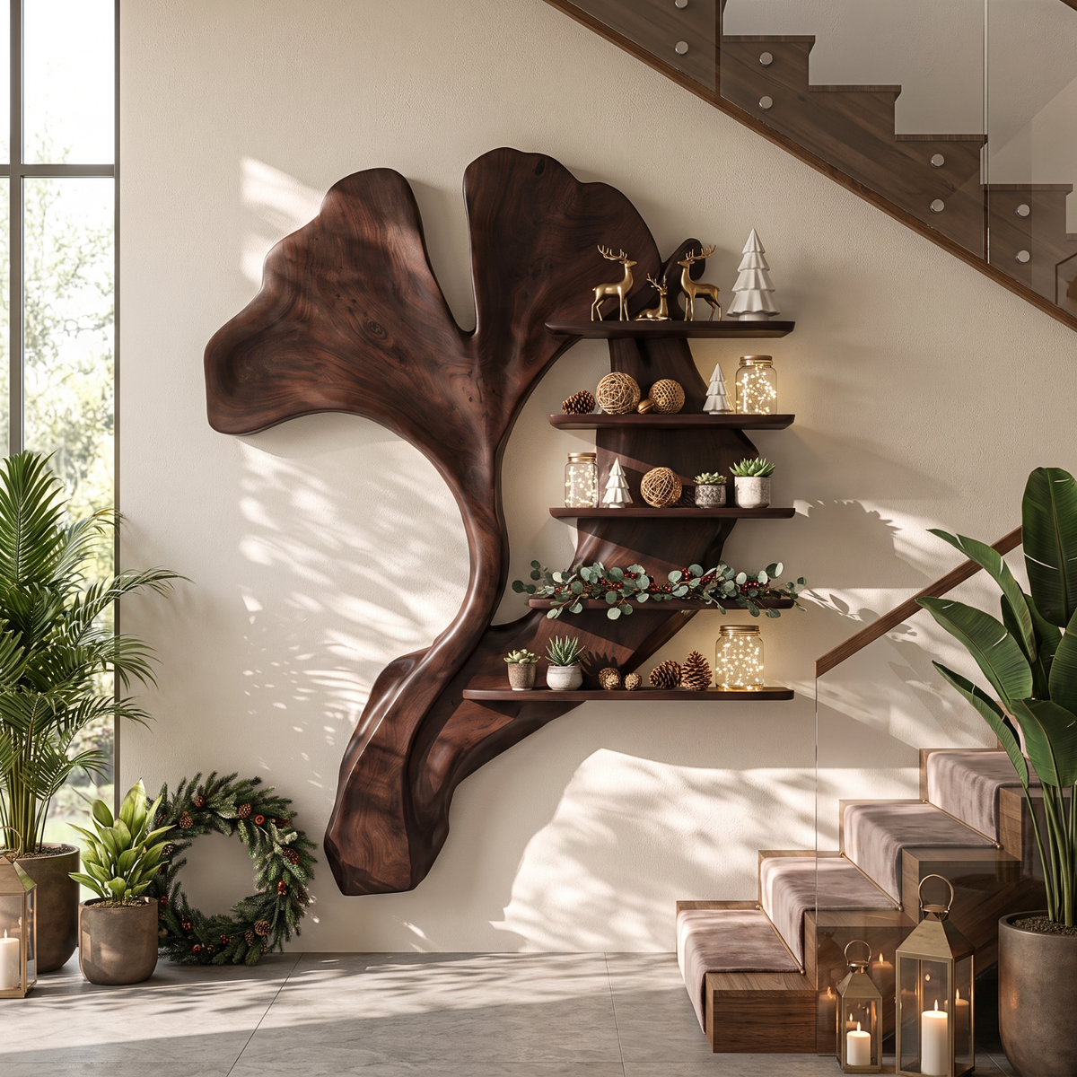 Ginkgo Leaf Solid Wood Wall Shelf with Sculptural Tiered Display Design