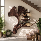 Ginkgo Leaf Solid Wood Wall Shelf with Sculptural Tiered Display Design