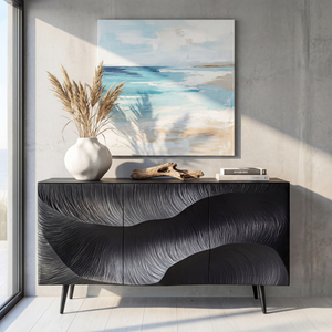 Sculpted Black Feather Front Wood Sideboard Cabinet for Modern Living and Dining Rooms