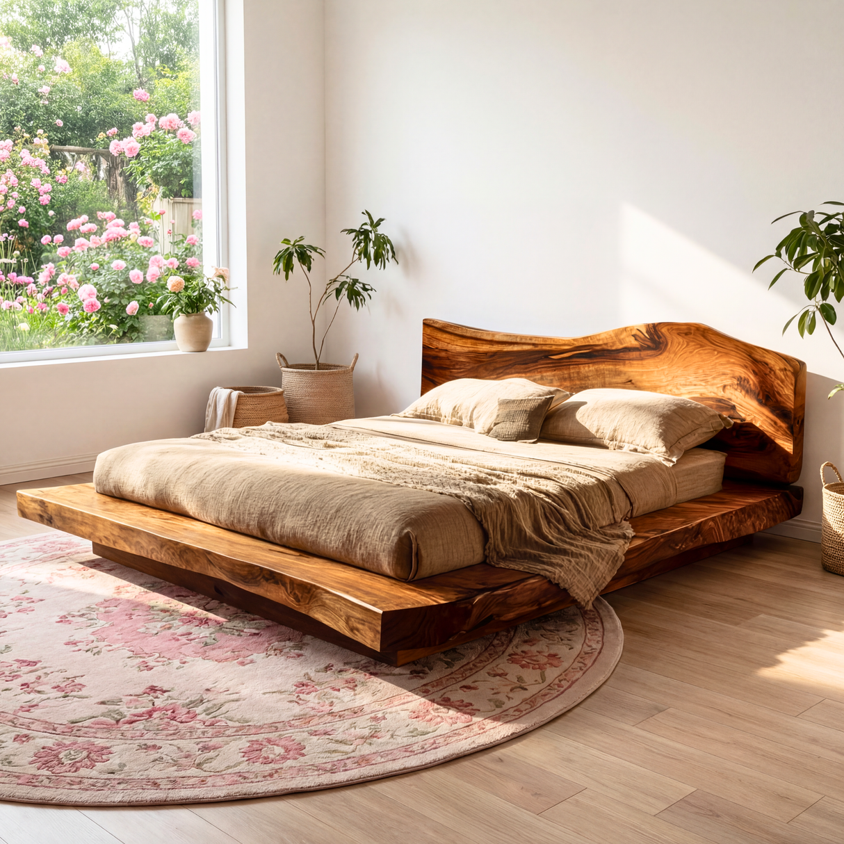 Solid Wood Platform Bed with Natural Edge Headboard for Bedroom