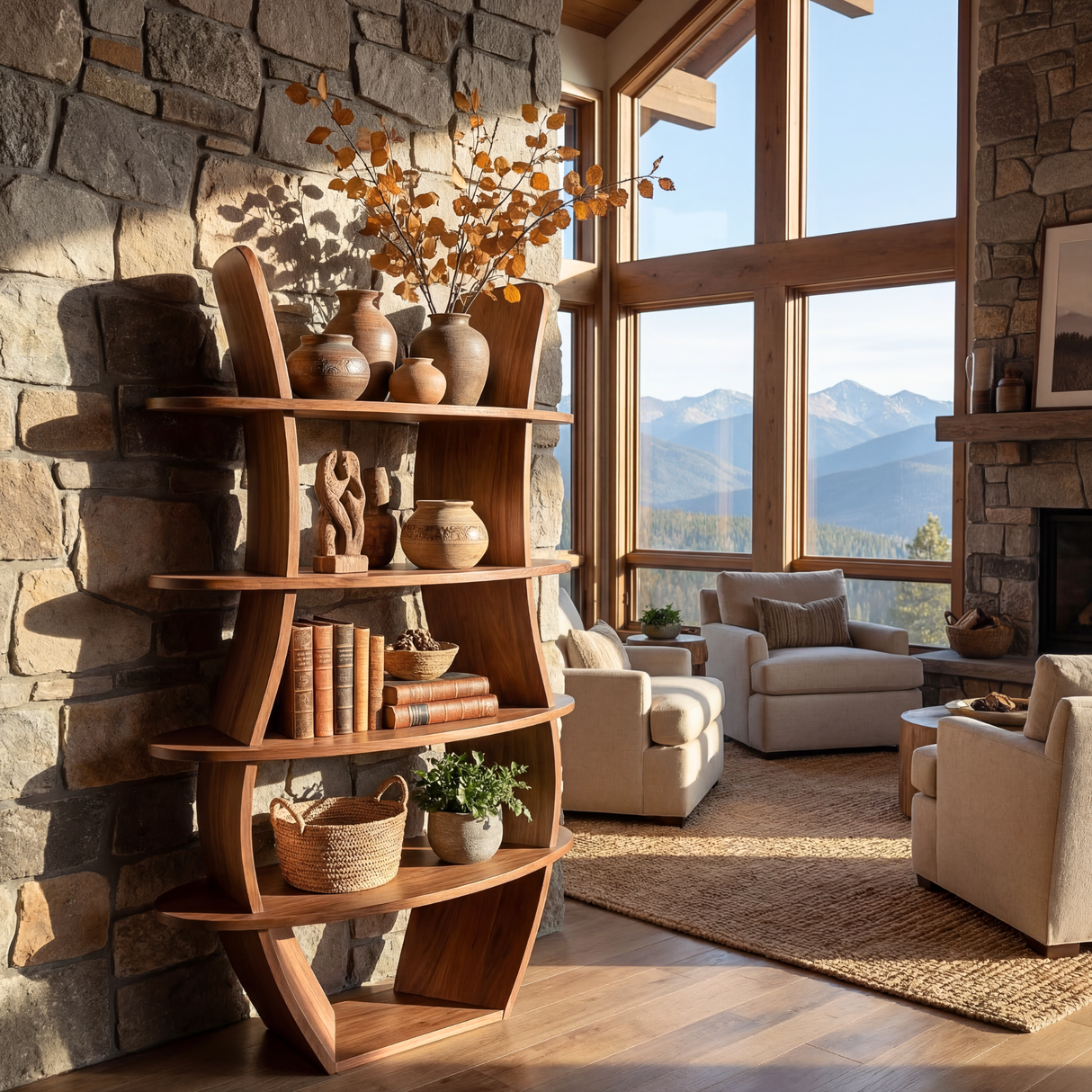 Curved Tiered Wood Corner Display Shelf with Open Round Shelving