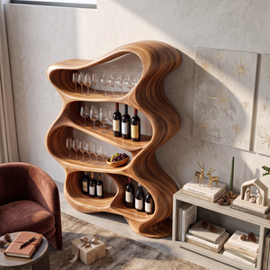 Handcrafted Solid Wood Wine Rack Cabinet with Flowing Open Shelves