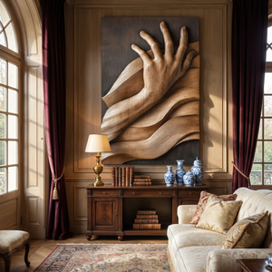 Hand-Carved Solid Wood Wall Sculpture with Reaching Hand Relief and Flowing Wave Form