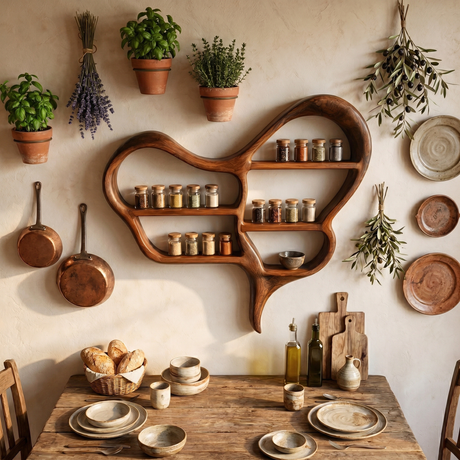 Organic Solid Wood Wall Spice Rack with Sculptural Open Shelf Design