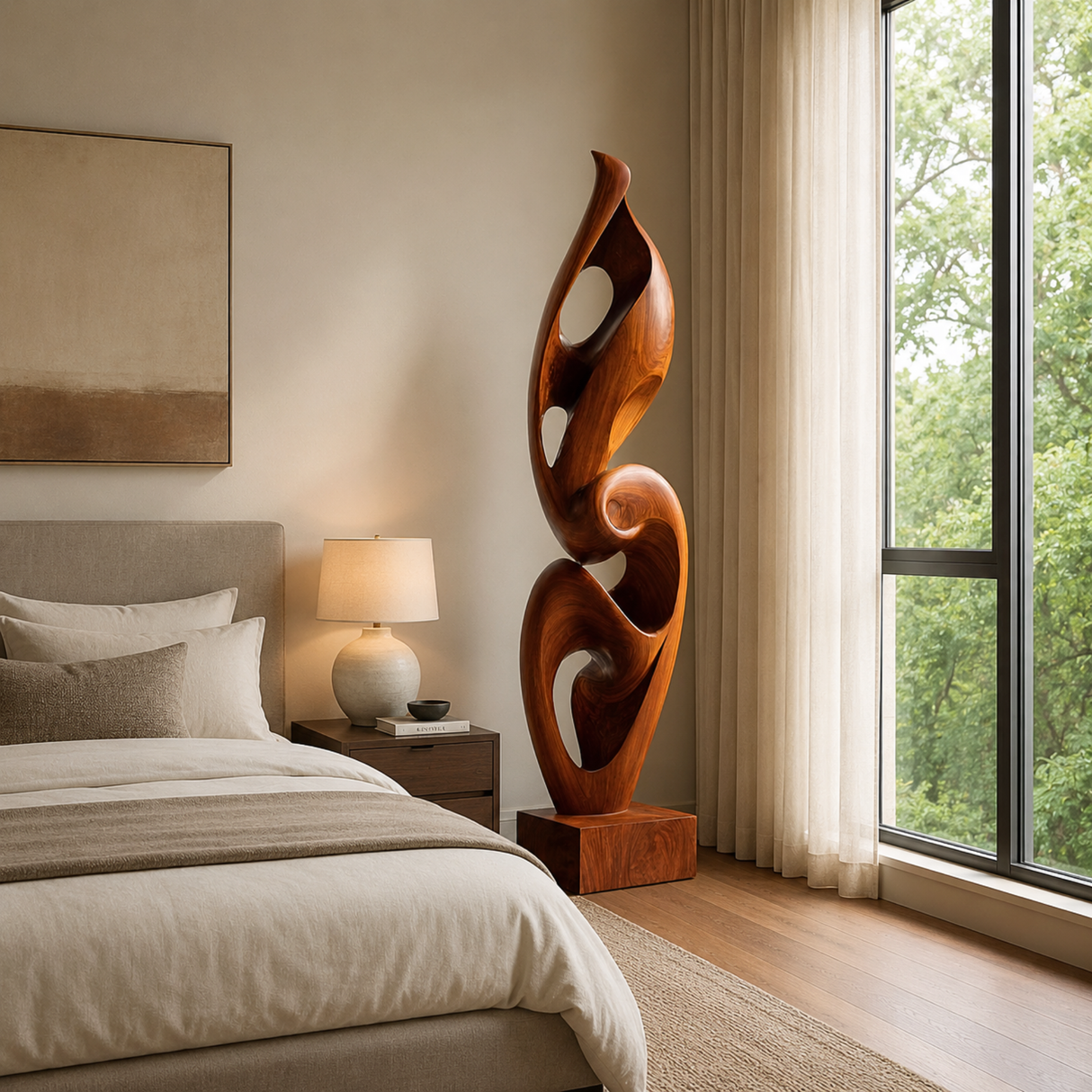 Handcrafted Solid Wood Ascending Spiral Floor Sculpture with Open Carved Form