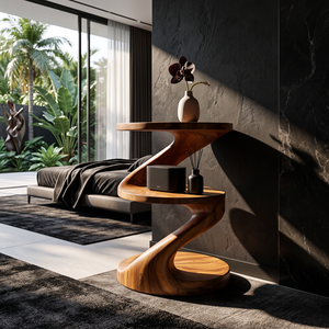 Handcrafted Solid Wood Side Table with Sculptural S Curve Design