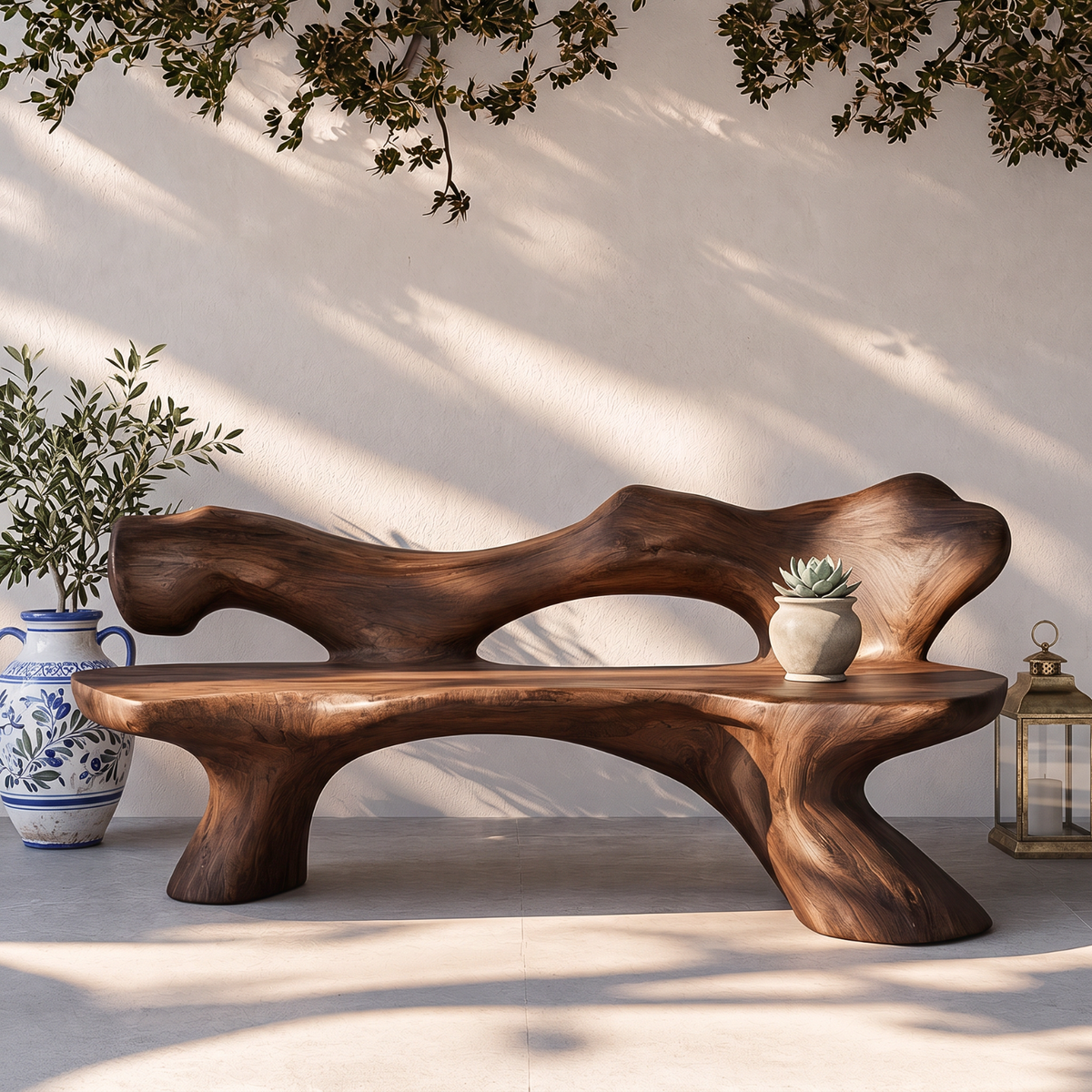 Solid Wood Garden Bench with Sculptural Organic Backrest