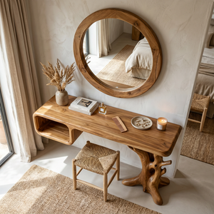 Handmade Solid Wood Vanity Table with Floating Cubby Shelf and Sculptural Tree Base