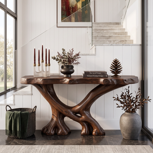 Rustic Solid Wood Console Table with Sculptural Crossed Branch Base