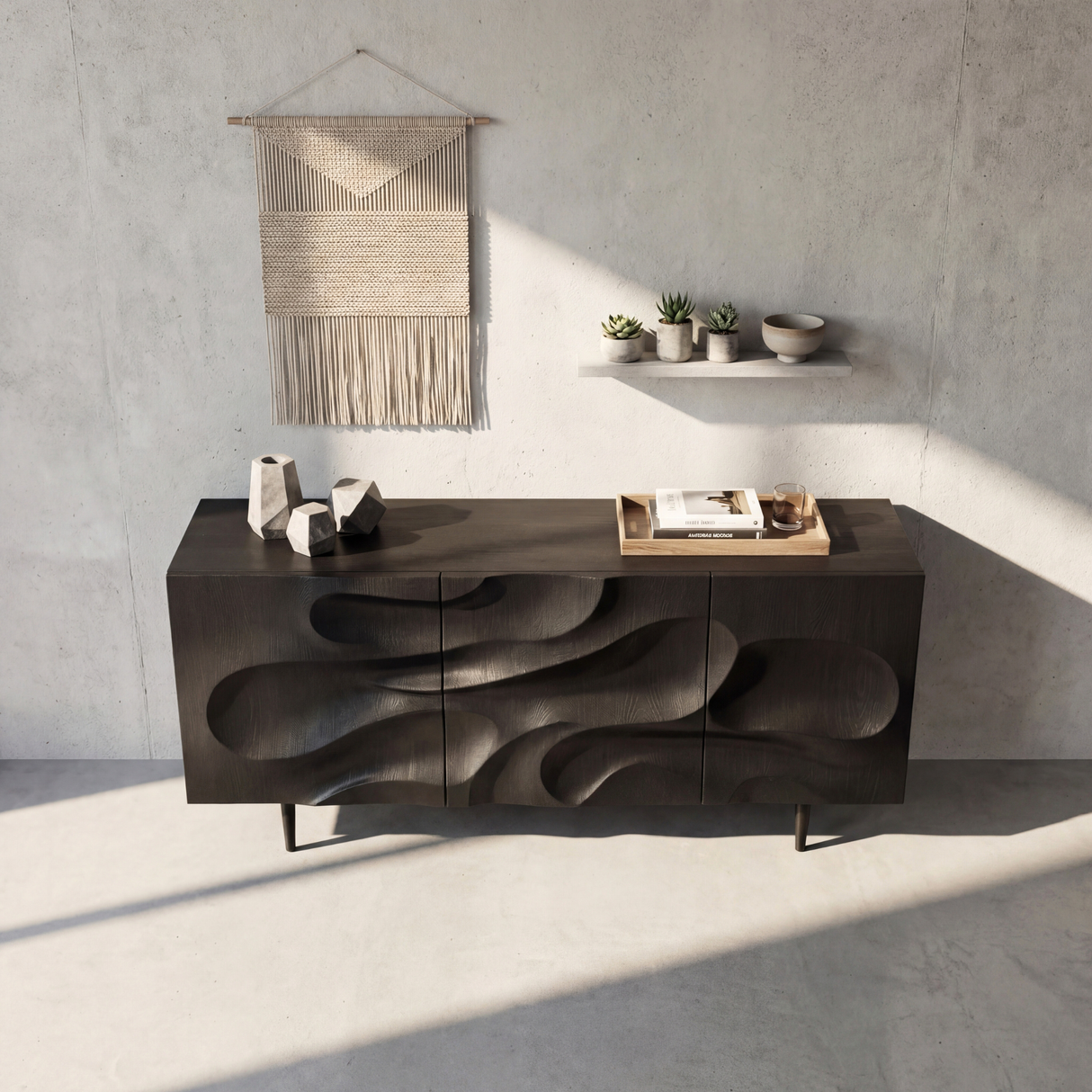 Carved Black Wood Sideboard Cabinet for Modern Living Room and Dining Storage
