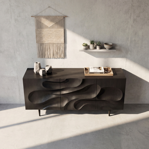 Carved Black Wood Sideboard Cabinet for Modern Living Room and Dining Storage