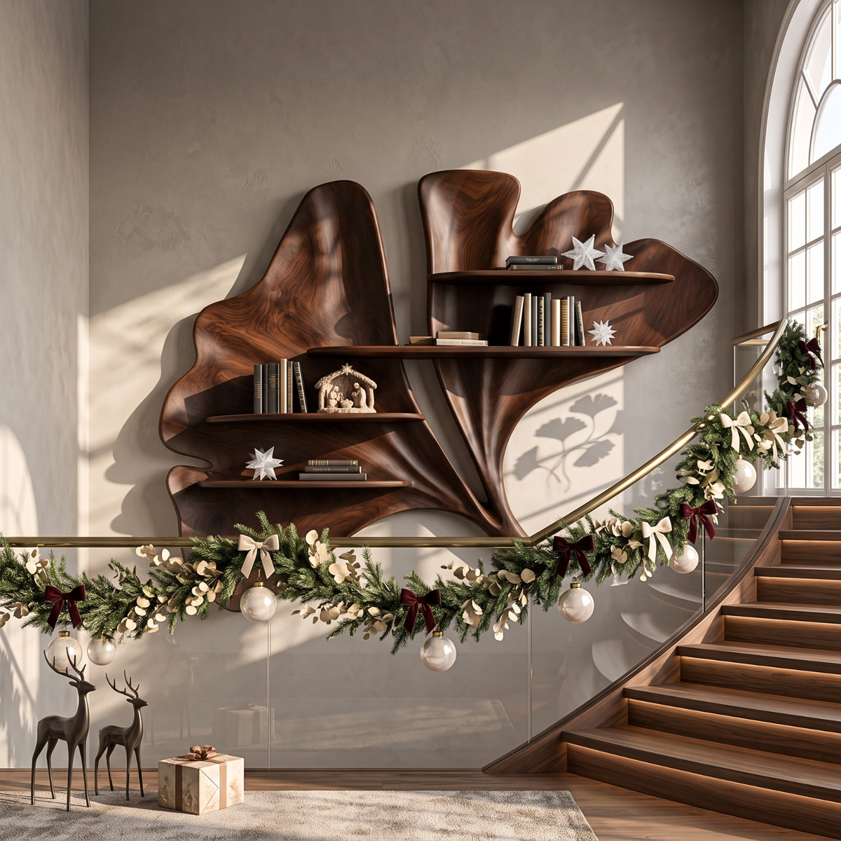 Sculptural Solid Wood Wall Shelf with Flowing Leaf Form and Floating Shelves