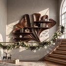 Sculptural Solid Wood Wall Shelf with Flowing Leaf Form and Floating Shelves