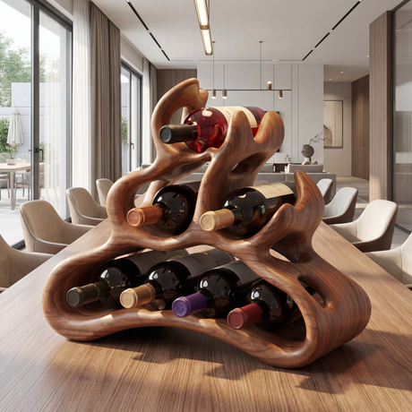 Organic Solid Wood Wine Rack Artistic Curved Bottle Holder Compact Countertop Display