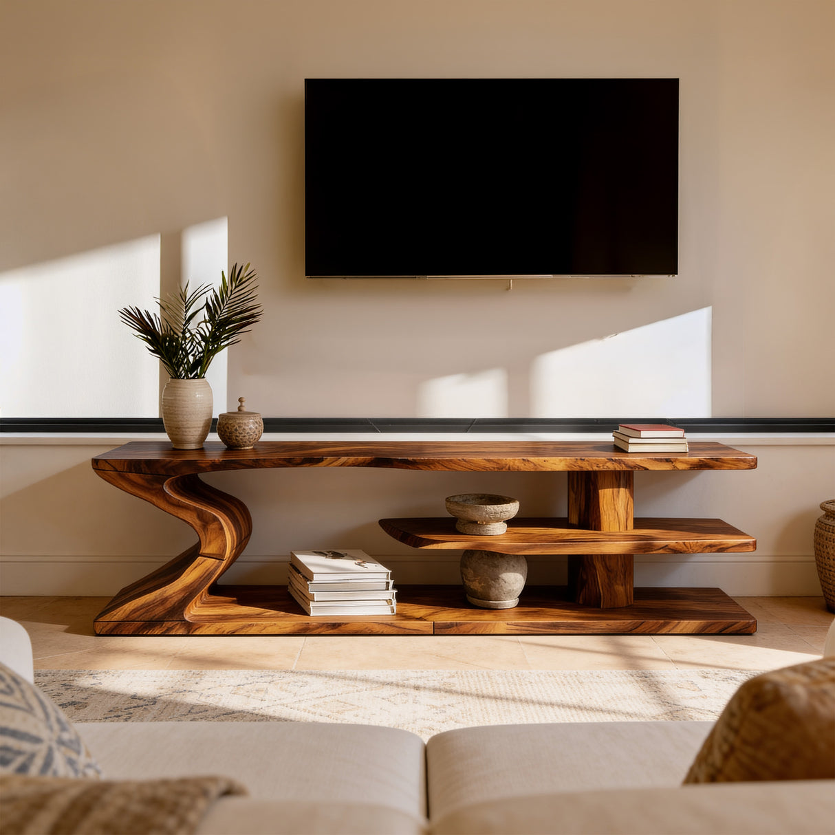 Sculptural Live Edge Wood TV Stand with Flowing Base
