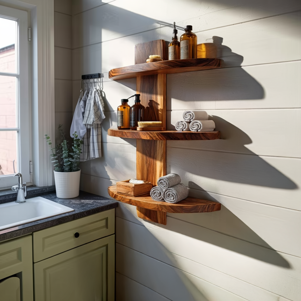 Floating Solid Wood Corner Shelf for Modern Bathroom