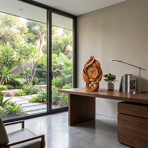 Solid Wood Table Clock with Leaf-Inspired Sculptural Frame
