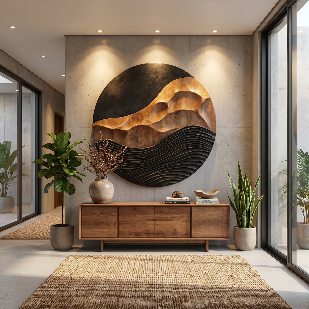 Solid Wood Round Wall Art with Carved Mountain Relief and Layered Wave Texture