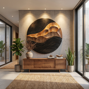 Solid Wood Round Wall Art with Carved Mountain Relief and Layered Wave Texture