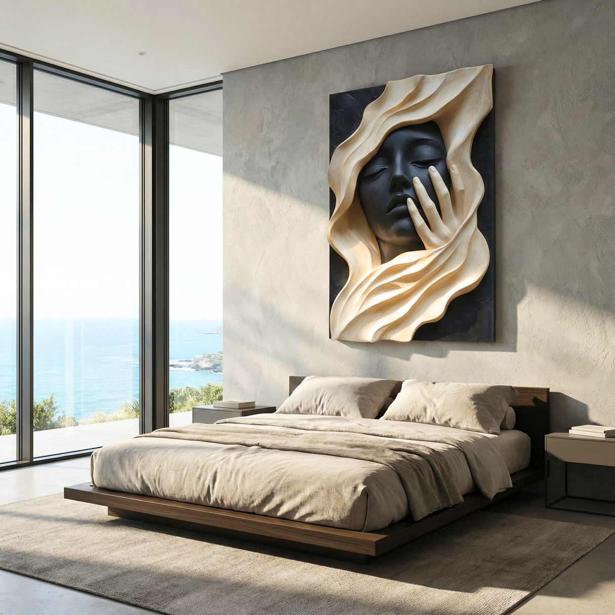 Handcrafted Solid Wood Wall Art with Abstract Female Face Relief for Modern Interiors