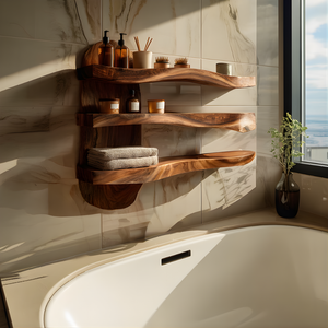 Sculpted Solid Wood Bathroom Wall Shelf Unit