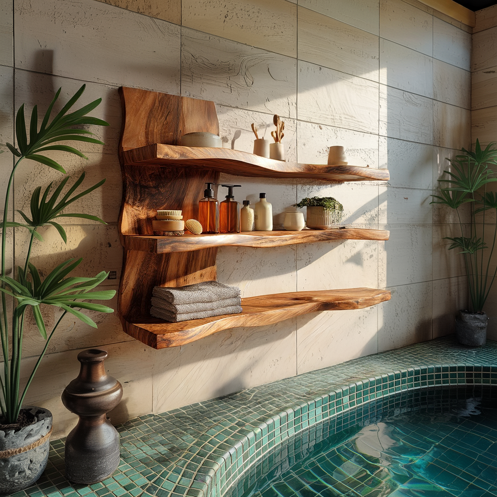Live Edge Solid Wood Wall Shelves for Organic Modern Bath