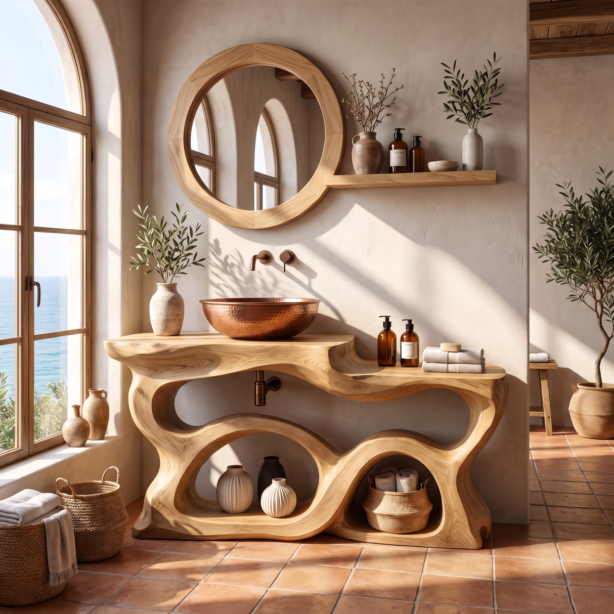 Bathroom Vanity Solid Wood with Sculptural Multi Arch Storage for Bathroom