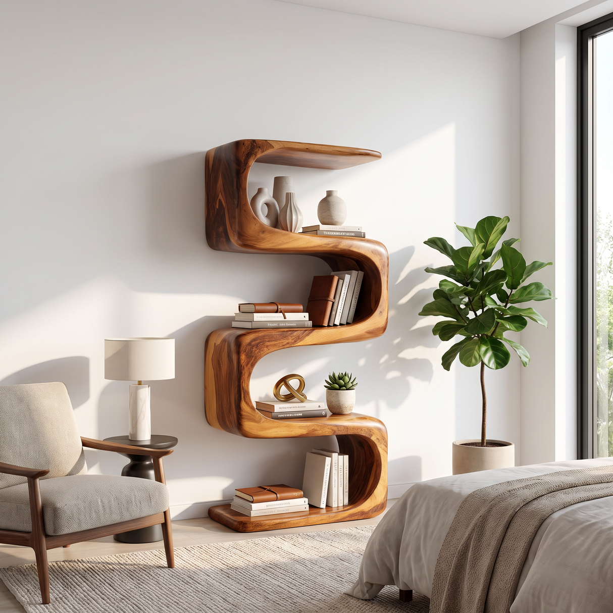 Bookshelf Solid Wood with Sculptural S Curve Shelves