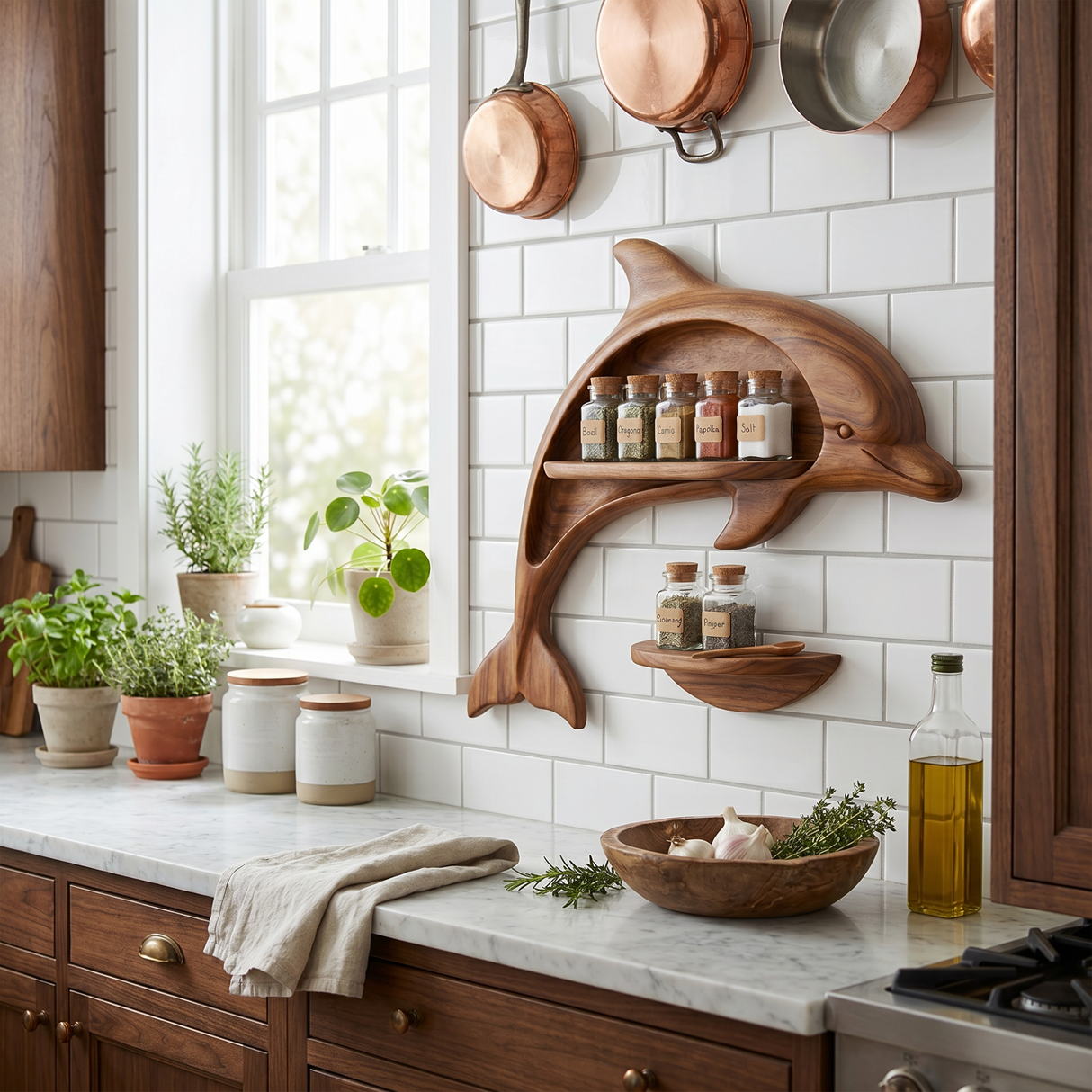 Carved Solid Wood Dolphin Wall Spice Shelf with Coastal Kitchen Storage