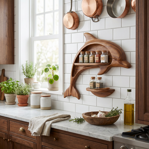 Carved Solid Wood Dolphin Wall Spice Shelf with Coastal Kitchen Storage