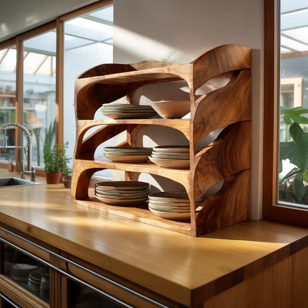 Sculptural Solid Wood Kitchen Counter Storage Shelf