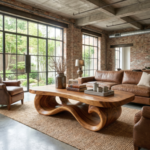 Modern Solid Wood Coffee Table with Sculptural Wave Base and Rounded Top