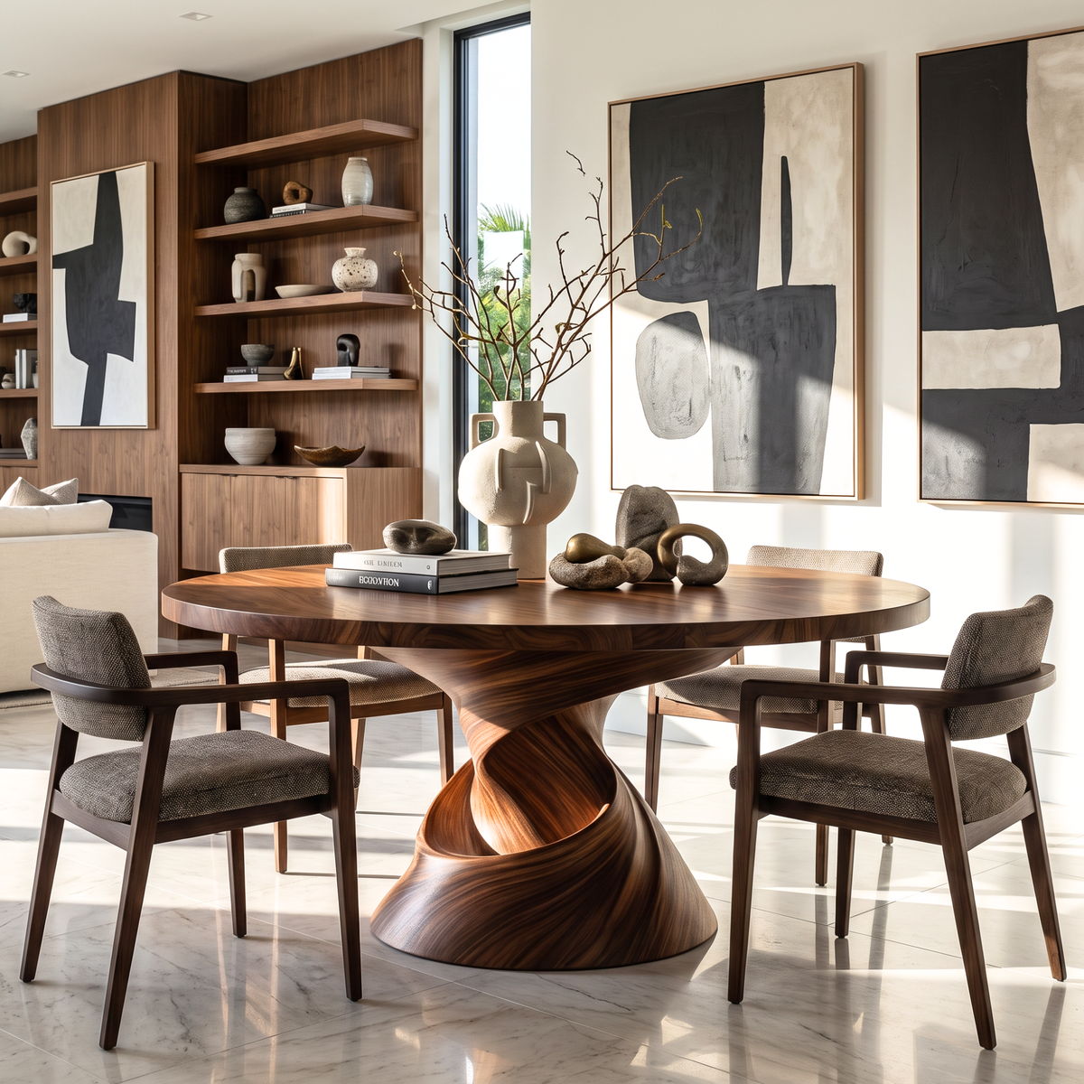 Dining Table with Helix Inspired Base and Solid Wood Surface