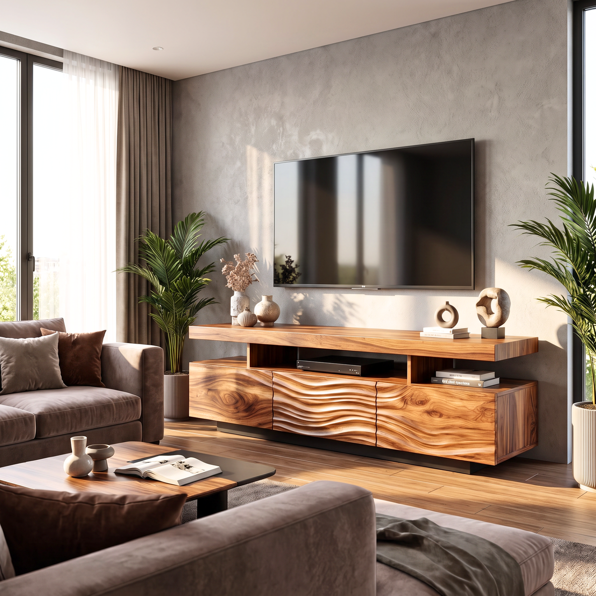 Solid Wood TV Stand with Floating Top and Sculpted Wave Front Cabinet