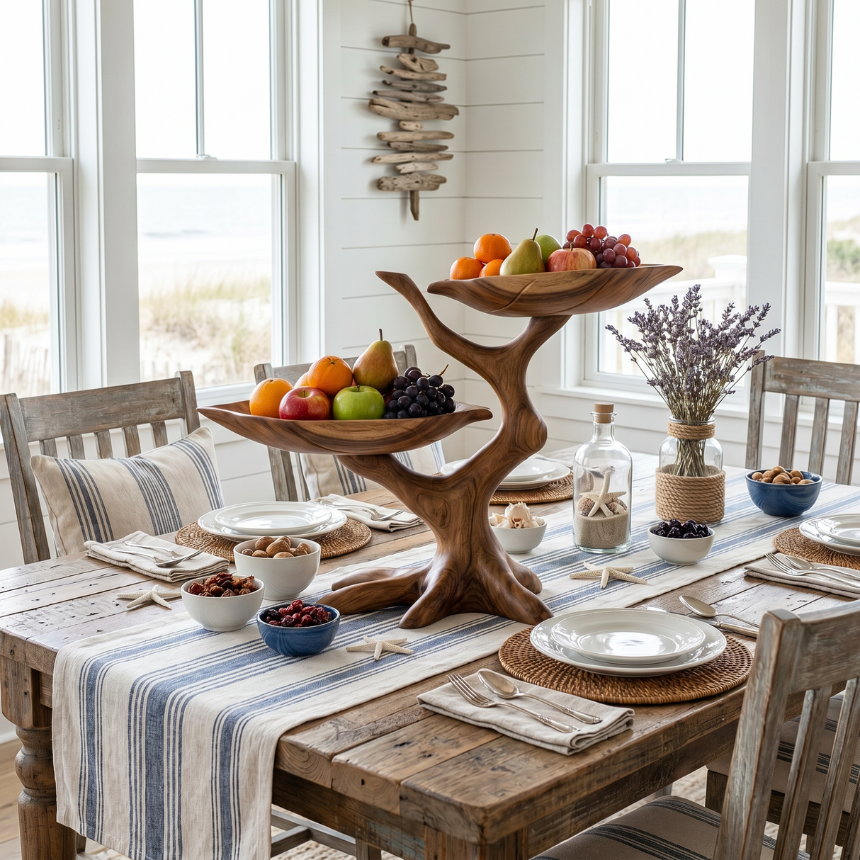 Solid Wood Two-Tier Fruit Bowl with Sculptural Tree Branch Base