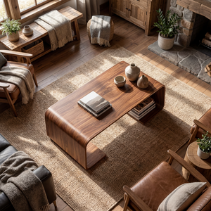 Solid Wood Coffee Table with Waterfall Form and Open Shelf