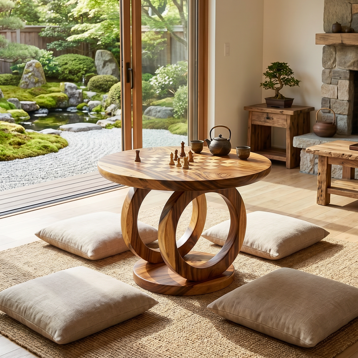Handcrafted Solid Wood Round Chess Table with Sculptural Ring Pedestal