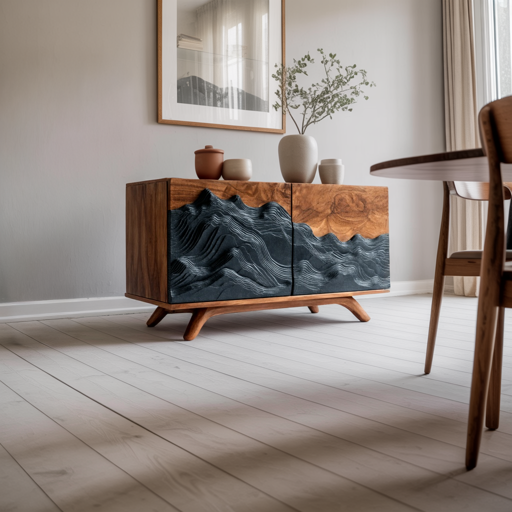 Solid Wood Sideboard with Sculpted Wave Relief Doors