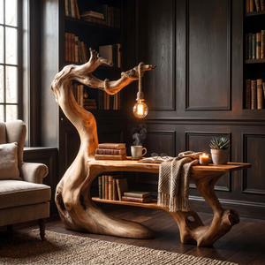 Organic Wood Desk With Hanging Lamp Sculptural Modern Workspace Furniture