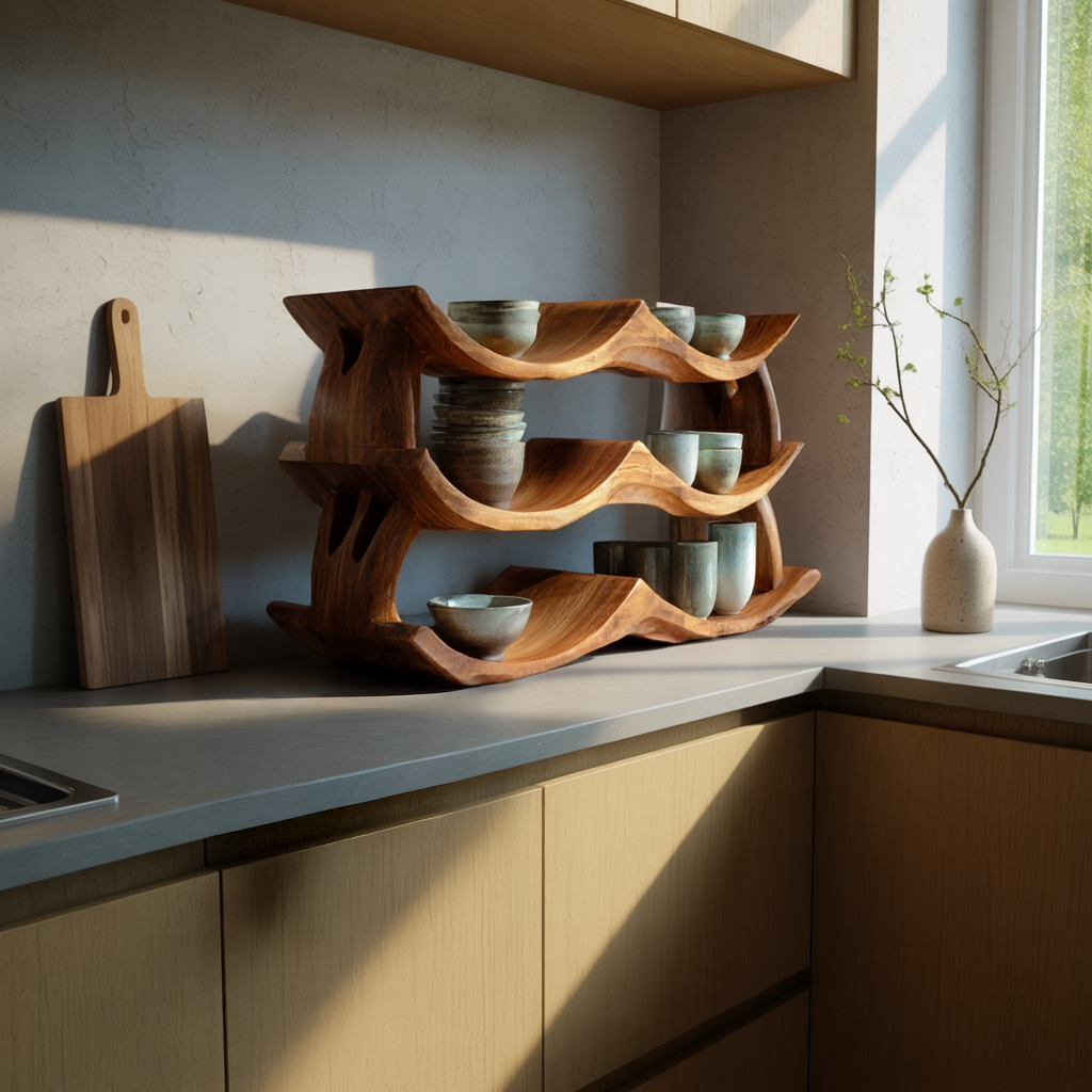 Sculptural Solid Wood Countertop Display Shelf Stand