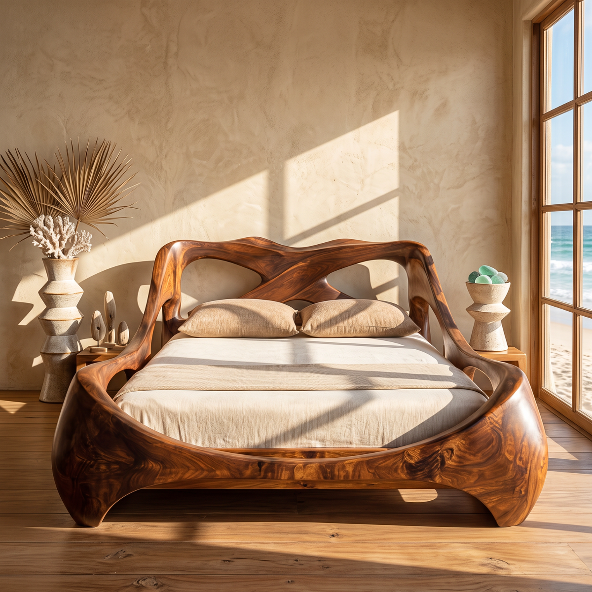 Sculptural Solid Wood Bed Frame with Organic Curved Headboard