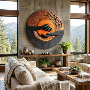 Solid Wood Wall Sculpture with Layered Sunset Relief and Reaching Hand Design