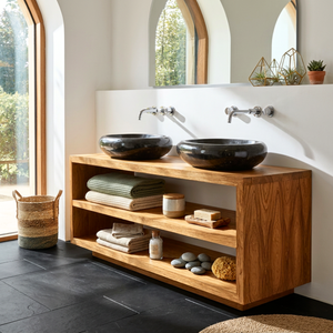 Open Shelf Wood Double Bathroom Vanity