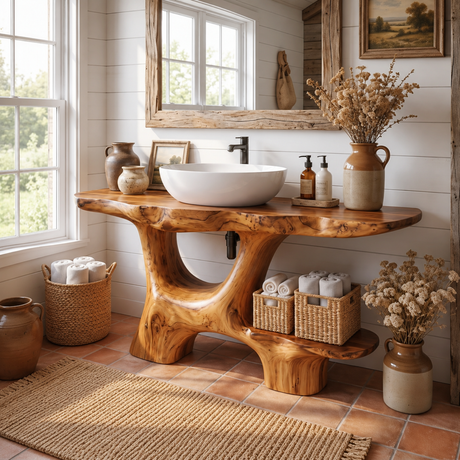 Bathroom Vanity Solid Wood with Open Arch Base and Side Shelf for Cabin Bathroom