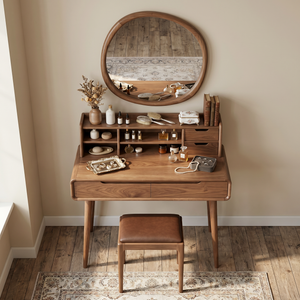 Solid Wood Vanity Table with Organizer Hutch, Drawer Storage, and Tapered Legs