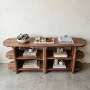 Handcrafted Solid Wood Organic Open Shelf Sideboard Console with Sculptural Curved Frame