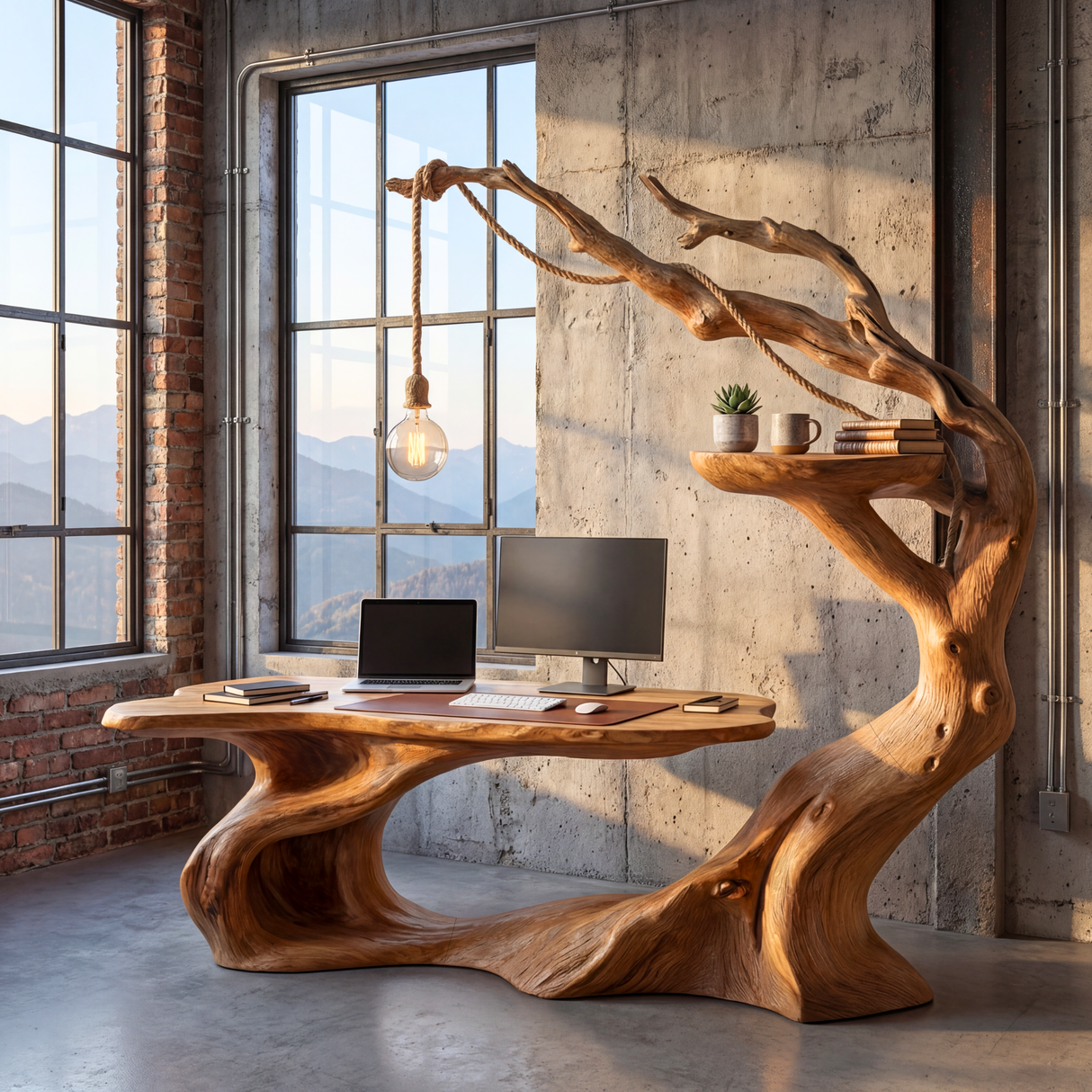 Organic Solid Wood Desk with Hanging Light Tree Inspired Writing Table Sculptural Modern Workspace